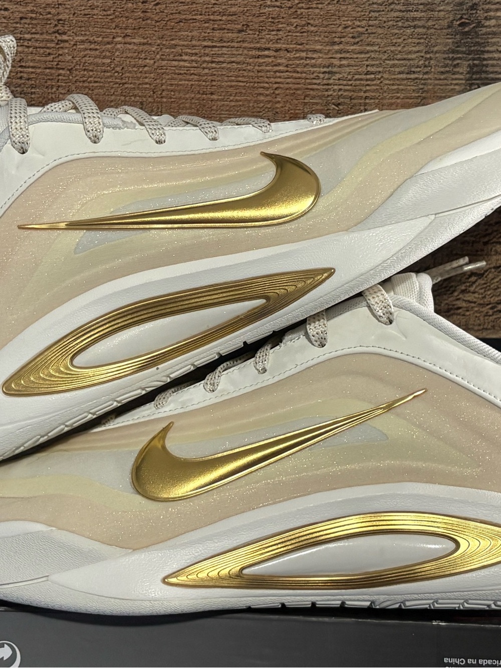 Nike Aja Wilson basketball shoes Cream & Gold Metallic Swoosh with sparkles